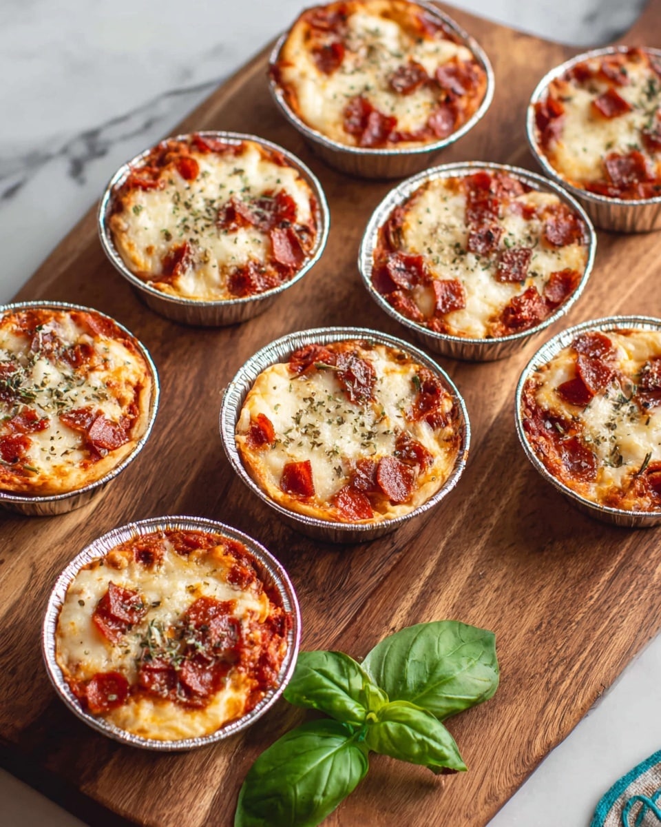 The image shows small round mini pizzas with a crust that is golden brown and slightly crispy at the edges. Each mini pizza has a base layer of melted white cheese covering the surface, topped with bright red pepperoni slices that are slightly curled with crispy edges. One of the mini pizzas in the background has additional toppings of black olive slices, small red tomato pieces, and green basil leaves scattered on top. The mini pizzas sit on a white marbled surface, and bits of shredded cheese and green herbs are sprinkled around them. Photo taken with an iphone --ar 4:5 --v 7