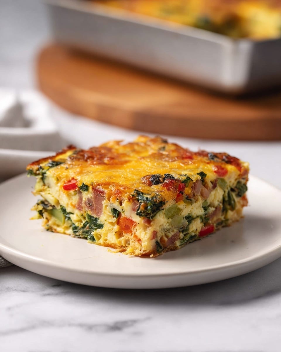 The image shows a white rectangular baking dish filled with a baked egg casserole cut into nine square pieces. The casserole has a golden yellow top layer with a slightly bubbly texture, scattered with patches of red tomato pieces and green spinach leaves, creating a colorful mix. The edges of the dish reveal a firm, cooked layer underneath with a mix of creamy and vegetable textures. The dish is placed on a white marbled surface with a grey cloth and some vegetables around. photo taken with an iphone --ar 4:5 --v 7