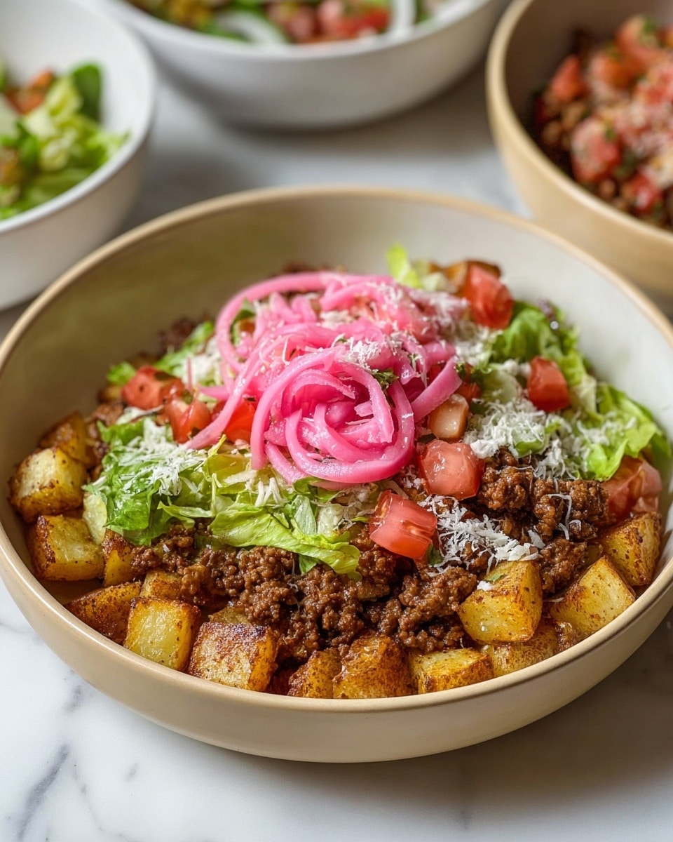 A beige bowl on a white marbled surface holds a multi-layered dish. The bottom layer is a bed of golden brown, crispy cubed potatoes. On top of the potatoes, there's a layer of browned ground meat with a crumbly texture. Over the meat, fresh green lettuce pieces and diced red tomatoes are scattered. The topmost layer features bright pink, thinly sliced pickled onions arranged in a loose swirl and a light dusting of white grated cheese that adds a fine texture. In the background, two white bowls with other food items are partially visible. photo taken with an iphone --ar 4:5 --v 7