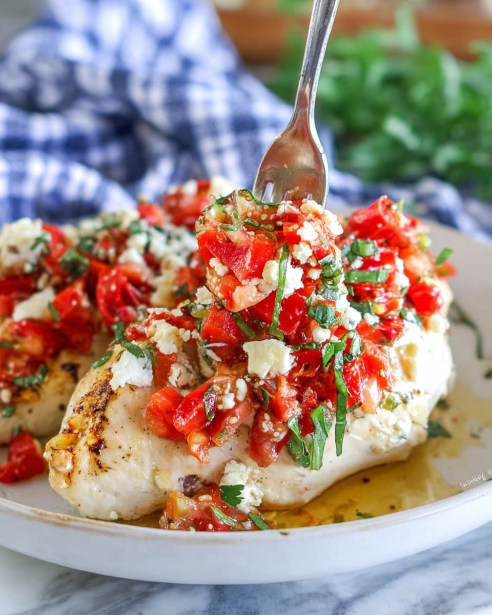 A white plate holds a cooked chicken breast as the base layer, light beige with a slightly seasoned texture. On top, there is a colorful mix of chopped cherry tomatoes in bright red, white crumbled cheese, and small green herbs spread evenly over the chicken. To the side, a fresh salad with green and purple leafy lettuce and whole cherry tomatoes adds a fresh contrast. The plate sits on a white marbled surface, and a silver fork rests near the salad. photo taken with an iphone --ar 4:5 --v 7