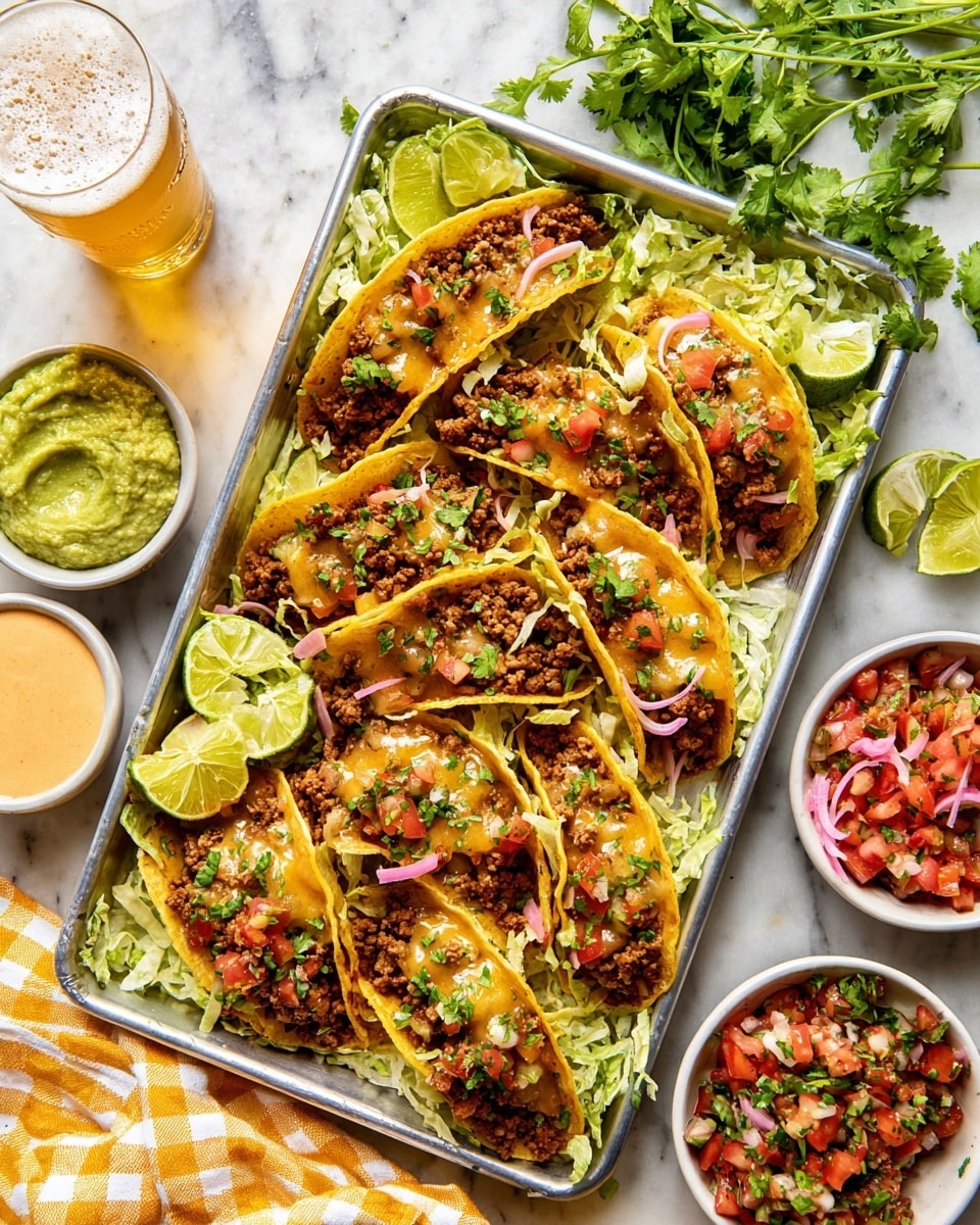 A tray filled with several tacos lined up closely, each taco showing three main layers: a golden-brown crisp shell on the outside, followed by a thick layer of cooked ground beef that looks juicy and dark brown, then topped with melted cheddar cheese in a bright orange color. Above the cheese, there is a fresh layer of finely shredded green lettuce mixed with small pieces of diced red tomatoes and purple onions, adding a fresh texture and color contrast. The tacos are packed tightly with each shell slightly overlapping the next, placed on a surface with a white marbled texture. Photo taken with an iphone --ar 4:5 --v 7