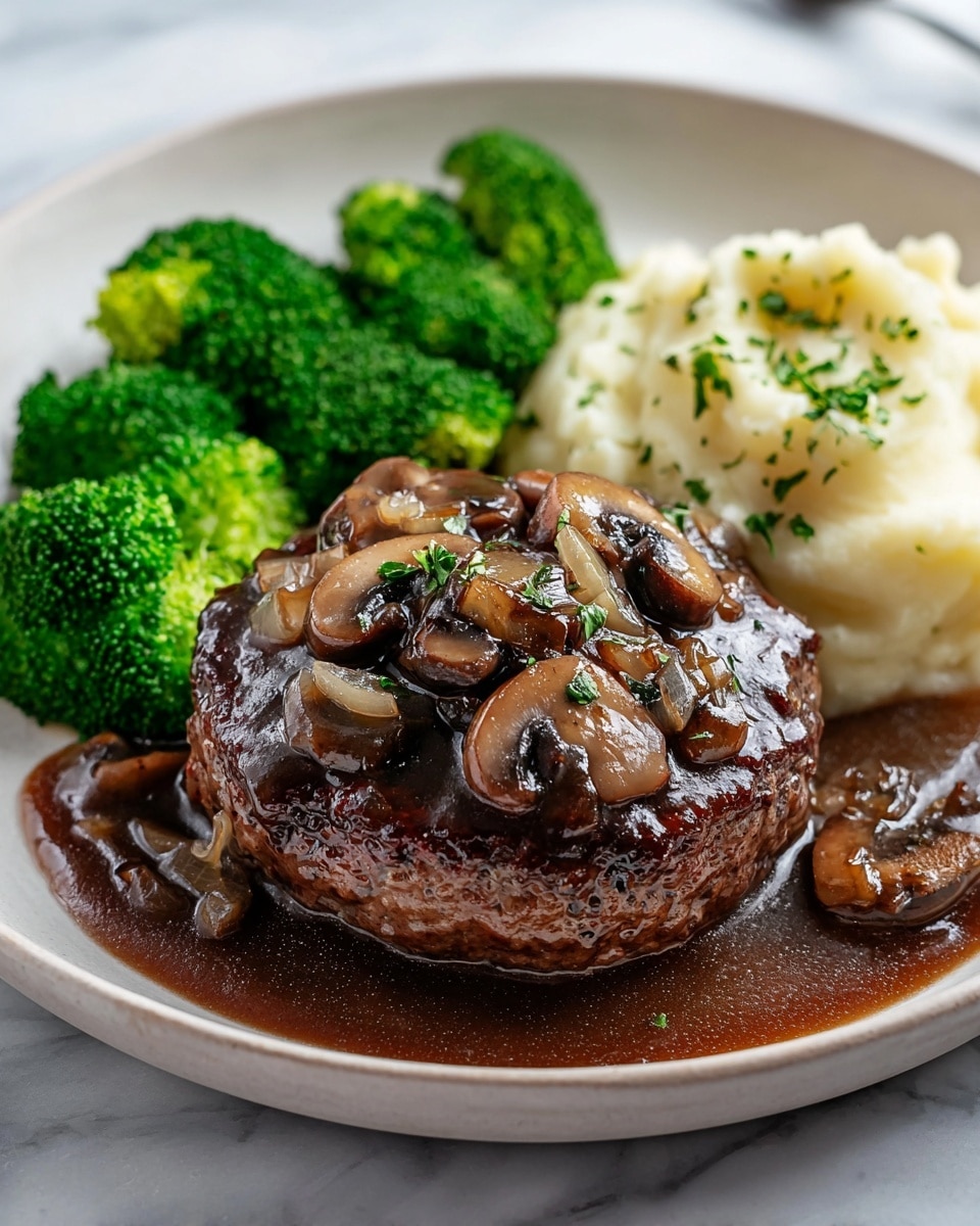 A close-up view of four thick, browned meat patties cooked in a dark cast iron skillet, each patty showing a crispy, textured surface with grill marks and slight charring. Surrounding and covering the patties is a rich, glossy brown sauce with visible slices of sautéed mushrooms and translucent caramelized onion strips, with sprinklings of small green herb sprigs scattered on top for garnish. The skillet rests on a wooden table, while the background is changed to a white marbled texture. photo taken with an iphone --ar 4:5 --v 7