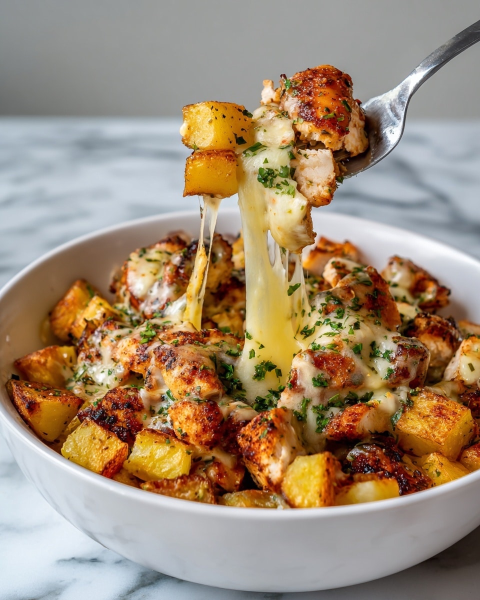 A white bowl filled with three layers: the bottom layer is diced golden-brown roasted potatoes with a crispy texture, the middle layer is browned grilled chicken pieces with a juicy look, and the top layer is melted light yellow cheese stretching as it is lifted by a fork, sprinkled with finely chopped green herbs. The bowl is placed on a white marbled surface. Photo taken with an iphone --ar 4:5 --v 7