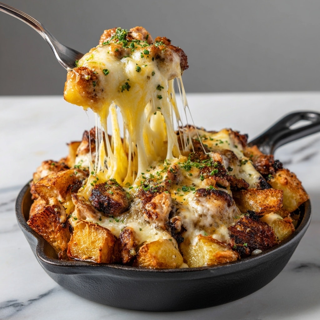 A black pan filled with golden-brown roasted potato halves forming the base layer, surrounded by a middle layer of browned and juicy grilled chicken pieces cut into chunks, all topped with a light layer of melted white cheese sauce, sprinkled with small green herb bits. The food has a warm, crispy texture and looks freshly cooked. The background is a white marbled texture. photo taken with an iphone --ar 4:5 --v 7