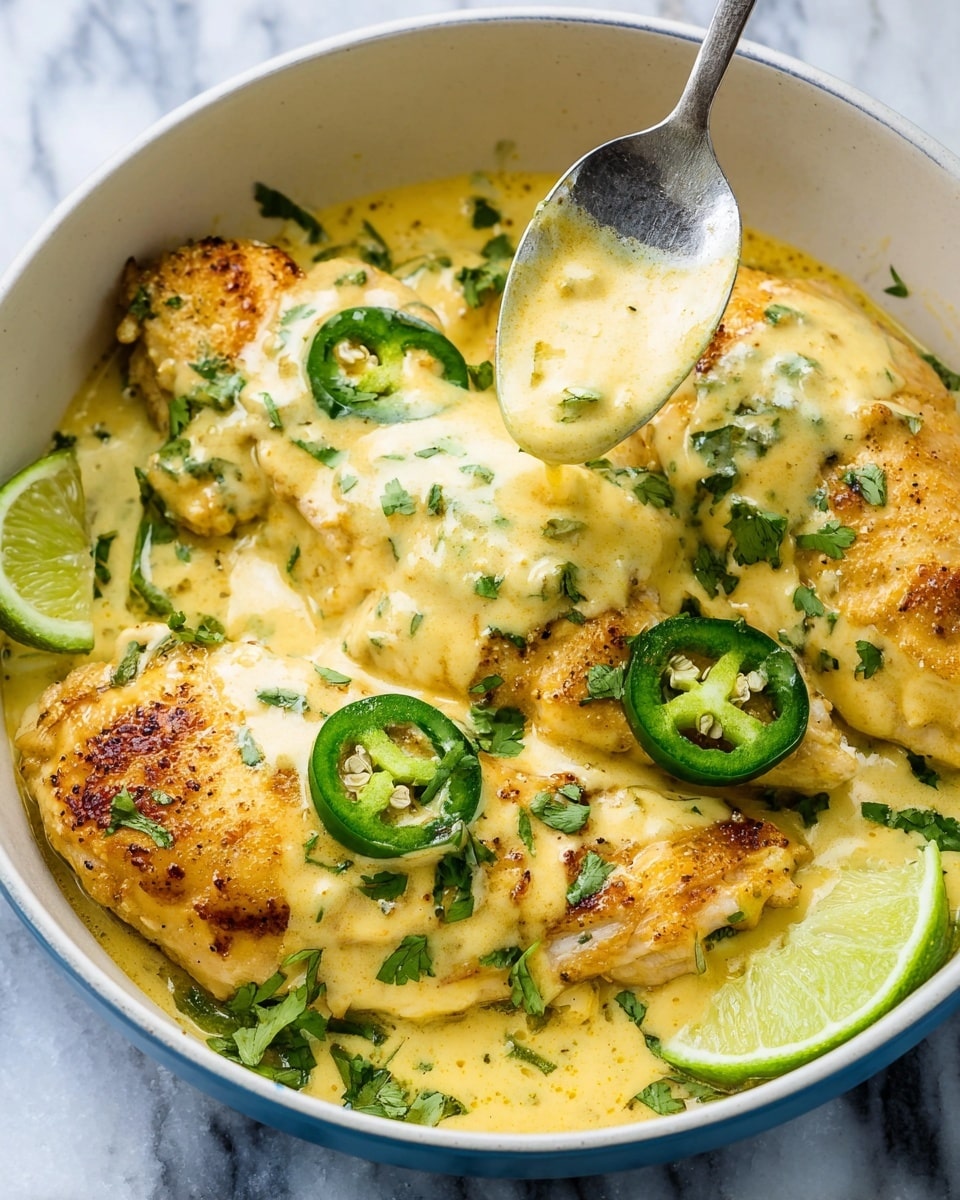 The image shows four golden brown chicken breasts covered in melted cheese and creamy sauce, arranged closely in a white pan. The sauce is thick and yellowish, speckled with bits of green pepper and onion. Fresh green cilantro leaves and sliced jalapeño rings are scattered on top, adding bright green color contrasts. Two lime wedges rest on the right side of the pan. A silver spoon is partially submerged in the sauce on the bottom right. The pan sits on a white marbled surface. photo taken with an iphone --ar 4:5 --v 7