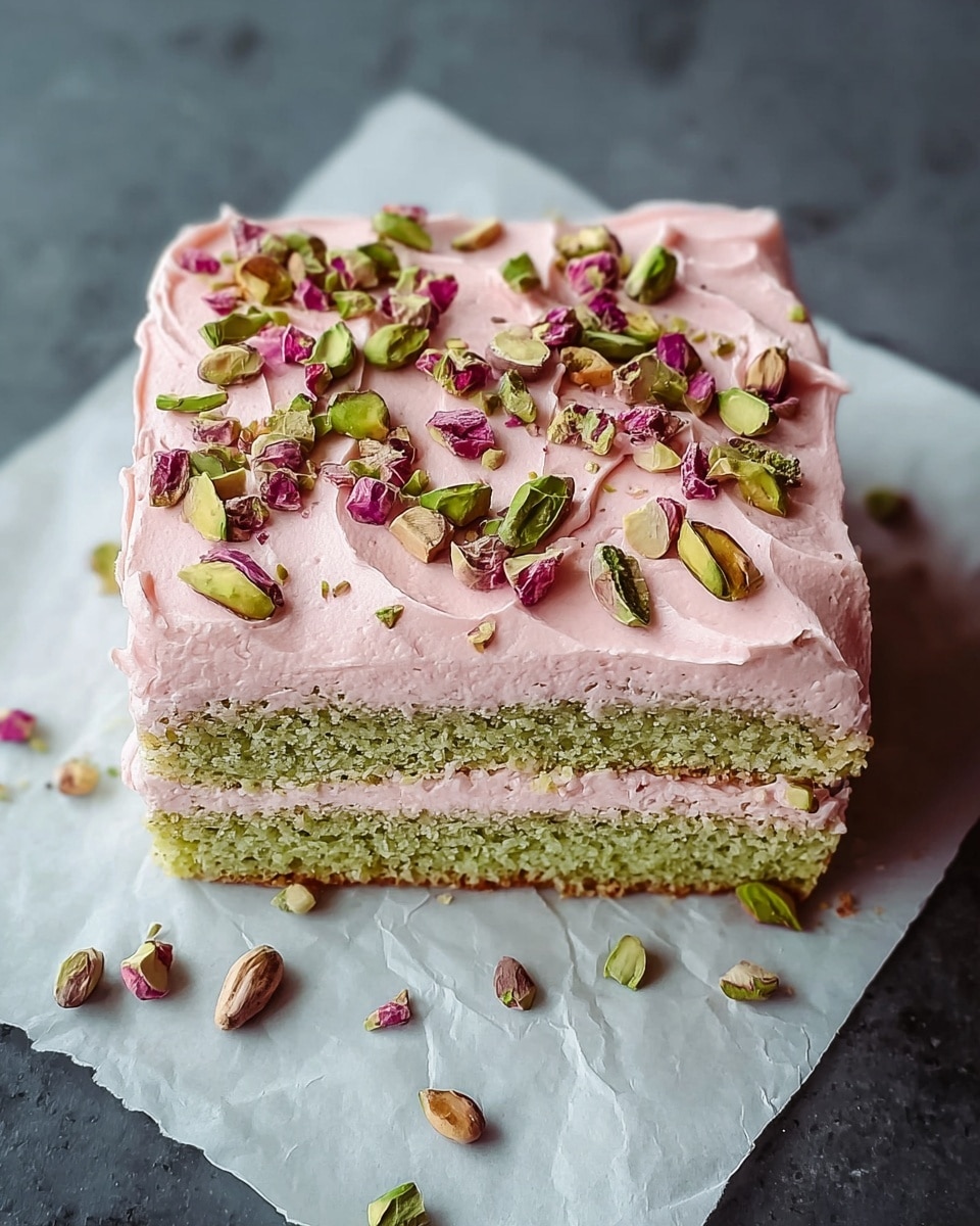 A two-layer pistachio cake sits on a white cake stand over a white marbled surface, with the outer frosting in pale green cream. The top layer has smooth light pink frosting, surrounded by alternating large dollops of bright pink cream and clusters of green pistachios and crushed nuts forming a ring near the edge. The cake's inside shows moist pistachio crumb with a thin layer of pink frosting between the two cake layers. A slice is cut out, revealing the textures and colors inside, with a few crumbs scattered near the base. Photo taken with an iphone --ar 4:5 --v 7