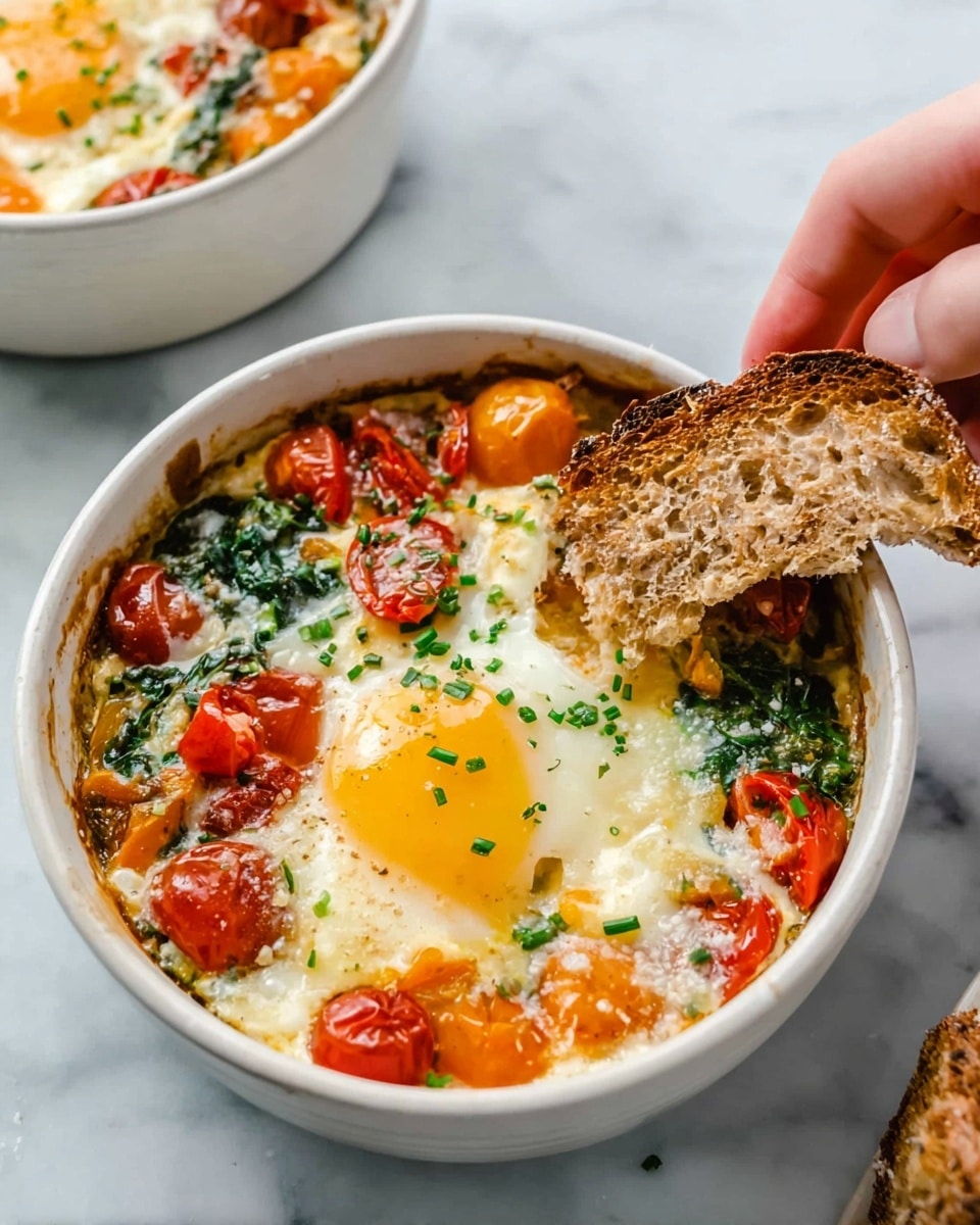 The image shows two white bowls filled with a baked egg dish on a white marbled surface. Each bowl contains one sunny side up egg with bright yellow yolk and soft white, surrounded by cooked cherry tomatoes that are red and slightly wrinkled, diced orange bell peppers, wilted green spinach, and melted cheese creating a creamy texture over the vegetables. The dish has a slightly browned edge indicating it was baked, and chopped chives are sprinkled on top for a touch of green. In the foreground, a woman's hand is dipping a torn piece of brown crusty bread into the mixture in one of the bowls. photo taken with an iphone --ar 4:5 --v 7