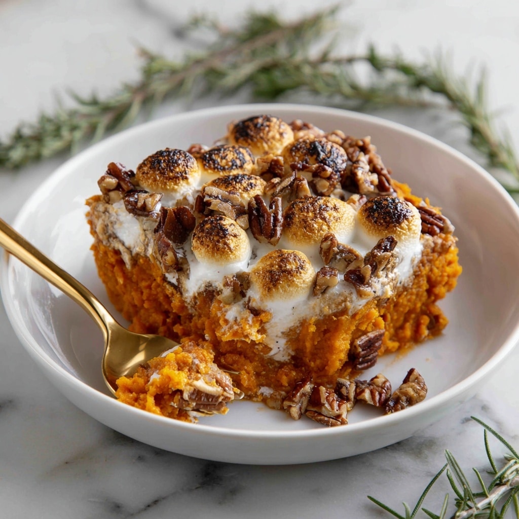 An oval white cast iron dish filled with a baked sweet potato casserole that has three main layers: a soft orange sweet potato base with a rough texture, topped by a golden-brown layer of toasted, melted marshmallows with some white, gooey parts showing, and a final layer scattered evenly with shiny, dark brown toasted pecans. A gold spoon is resting inside the dish, partially covered by the casserole. The dish is placed on a white marbled surface with some green rosemary sprigs nearby. Photo taken with an iphone --ar 4:5 --v 7