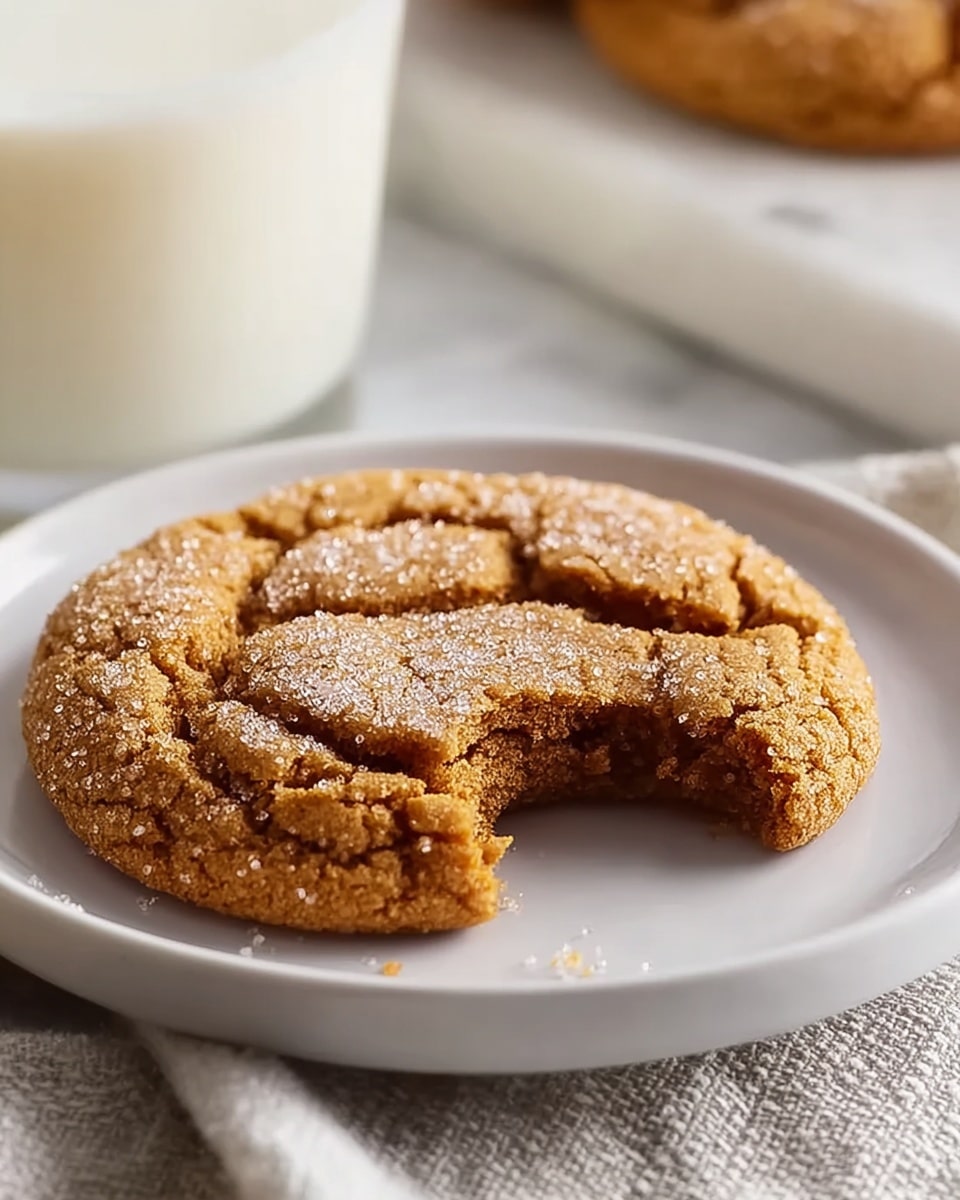 A close-up of a single golden brown cookie with a cracked surface covered in granulated sugar, placed on a white plate. A bite is taken out of the cookie, revealing a chewy inside with a slightly darker texture. The plate sits on a textured light-colored cloth with a blurred glass of milk in the background. The whole scene is set on a white marbled texture. photo taken with an iphone --ar 4:5 --v 7