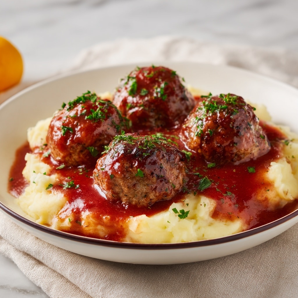 The image shows a close-up of a red sauce-covered meatball dish in a white bowl with a red rim, bursting with rich, glossy, thick sauce layers covering each meatball; the meatballs themselves have a brown, slightly crispy texture under the sauce, with small green herbs sprinkled on top, adding contrast. A rustic wooden spoon rests among the meatballs, partially lifting one to show its tender, juicy inside. The background is a white marbled texture that softly blends with the bowl's edge. photo taken with an iphone --ar 4:5 --v 7
