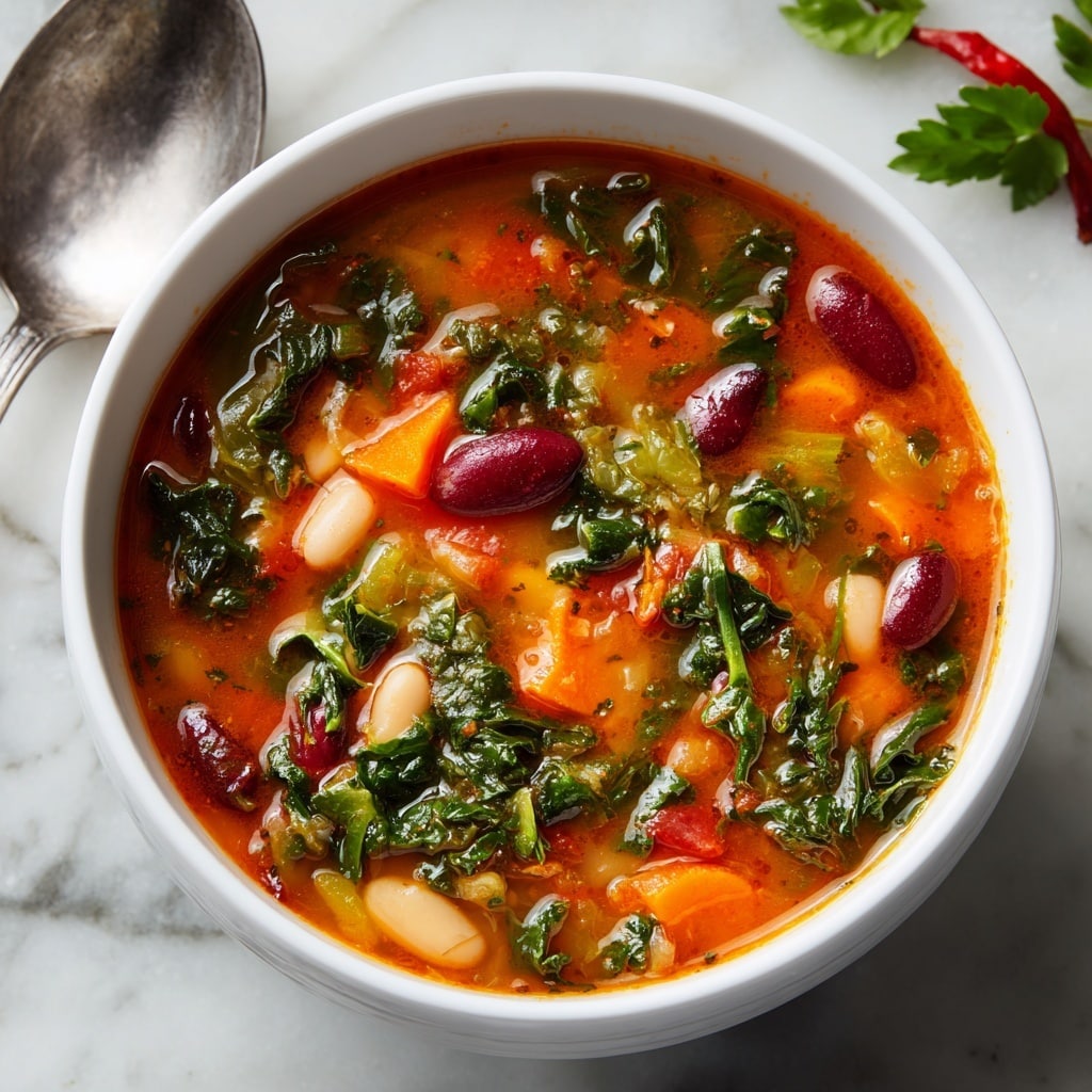 A white bowl full of thick soup with a red-orange broth, filled with bright green leafy vegetables, chunks of orange carrots, white beans, and red kidney beans scattered throughout. The soup looks fresh and hearty with a mix of smooth and chunky textures. The bowl is set on a white marbled surface with some green leaves and a blurred background showing a silver spoon and some red chili peppers. Photo taken with an iphone --ar 4:5 --v 7