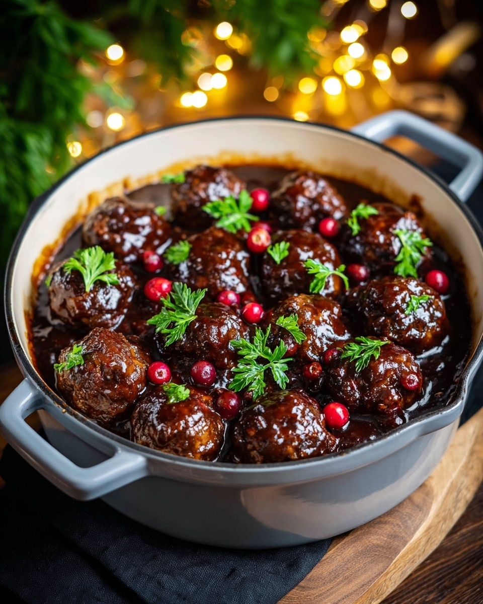 A round white pot filled with two layers of dark brown glossy meatballs covered in a shiny sauce, garnished with bright green parsley leaves and small red berries scattered on top. The pot is placed on a dark cloth, all set on a wooden surface with blurred warm yellow lights and some green leaves in the background. Photo taken with an iphone --ar 4:5 --v 7