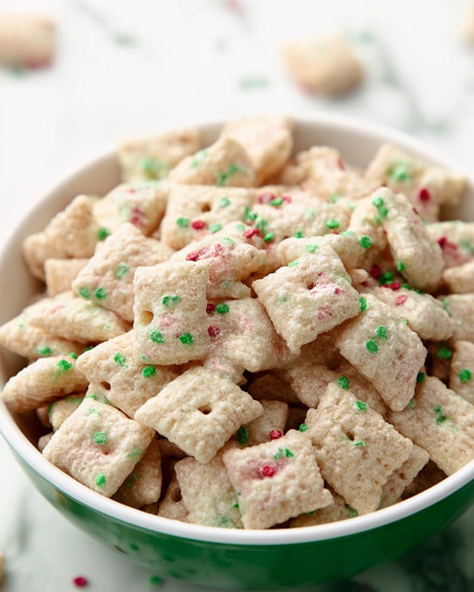 The image shows a green bowl filled with many small, square-shaped snack pieces that look crunchy. Each snack piece is cream-colored with a rough texture and has tiny sugar crystals on the surface that give a light sparkle. Scattered across the pieces are small red, green, and white candy-like dots. The bowl is nearly full, and the snacks are piled up in layers, some overlapping and others laying flat on top. The bowl holds the snack pieces securely, and the background has a soft focus with a white marbled texture underneath. photo taken with an iphone --ar 4:5 --v 7