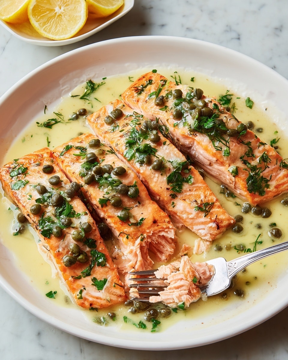 The image shows four pieces of cooked salmon fillets arranged in a circle inside a black pan with a light gray handle, sitting on a white marbled surface. Each salmon piece has a golden brown, crispy top layer with a creamy white sauce covering most of the surface, dotted with small green herbs and capers. A single bright yellow lemon wedge rests among the fillets, slightly submerged in the sauce. The sauce has a smooth texture, filling the pan and surrounding the salmon evenly. photo taken with an iphone --ar 4:5 --v 7