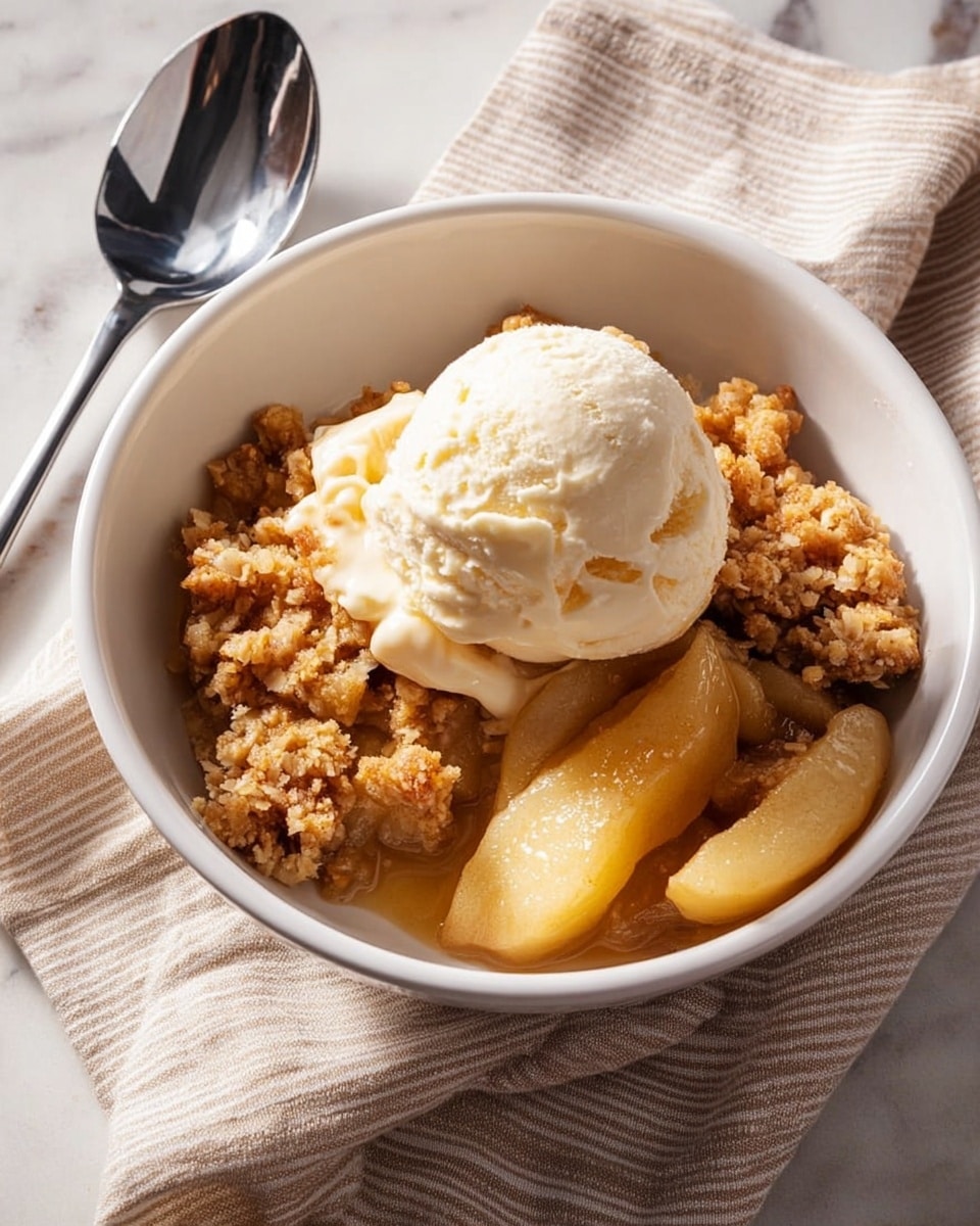 The image shows a white rectangular baking dish filled with a warm apple crumble. The dish has two handles on the sides and rests on a checkered cloth on a white marbled surface. The crumble has a golden-brown, crumbly topping with small clusters scattered unevenly. Beneath the topping are thick, soft slices of cooked apple, pale yellow with slightly browned edges, partially visible where a portion has been scooped out. A large silver spoon lies inside the empty part of the dish, reflecting light subtly. photo taken with an iphone --ar 4:5 --v 7