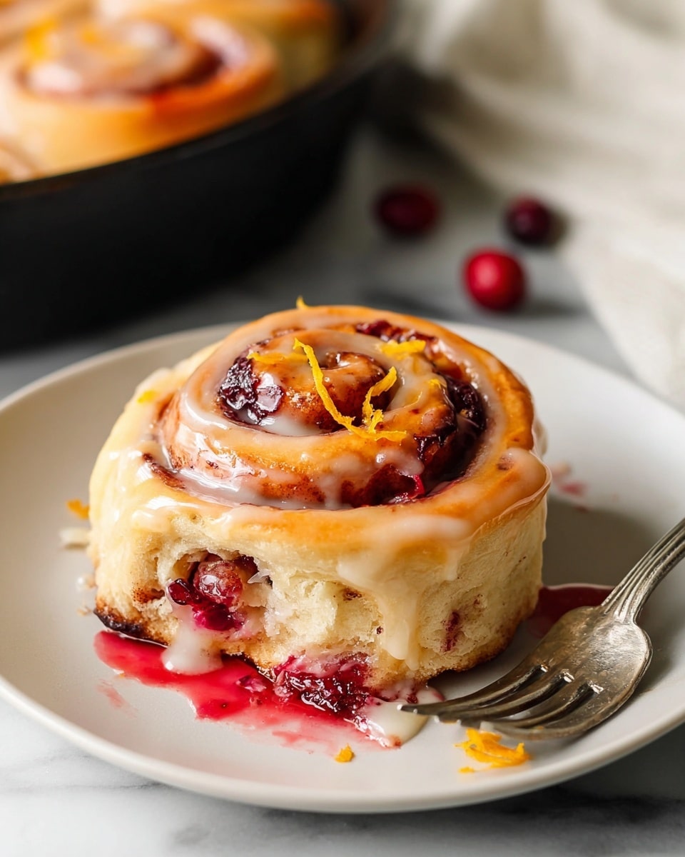 A white baking dish filled with nine cinnamon rolls arranged in a 3x3 grid, each roll showing a shiny, golden-brown baked surface with visible swirls of red cranberry filling inside. The rolls are topped with a shiny, white glaze that looks smooth and slightly translucent, dripping gently down the sides. Fresh red cranberries are scattered on top of some rolls, adding bright spots of color. The dish is placed on a white marbled surface with a bowl of fresh cranberries on the upper left side, a white plate with orange slices on the lower right, and gold-colored fork and knife to the right. Photo taken with an iphone --ar 4:5 --v 7