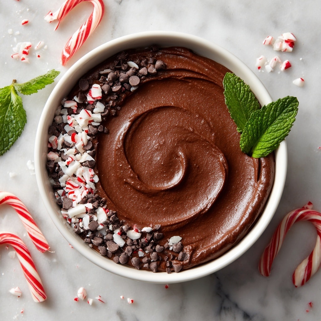 A white bowl filled with a dessert that has two main layers: on the left side, there is a white creamy layer mixed with crushed candy canes and small pieces of chocolate, covering about half the bowl; on the right side, there is a smooth swirl of thick chocolate mousse in a rich brown color. On top of the chocolate mousse, a small green mint leaf is placed as decoration. Around the bowl, there are three candy canes and a few sprigs of green pine, with small white and dark chocolate pieces in white bowls nearby. The bowl is set on a white marbled surface, and a woman's hand is partly visible holding the bowl. photo taken with an iphone --ar 4:5 --v 7