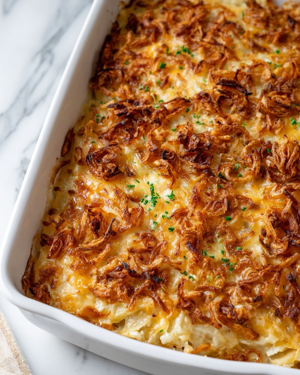A baked casserole with a golden brown, crispy top layer of fried onions scattered unevenly, adding a crunchy texture, lightly sprinkled with small green herb pieces. Underneath the onions, there is a thick layer of melted pale yellow cheese with some bubbly browned spots. The main body is hidden but hints of creamy shredded potato mixture with slightly browned edges are visible. The dish is held in a large white ceramic baking dish with smooth edges, and it is placed on a white marbled surface. photo taken with an iphone --ar 4:5 --v 7