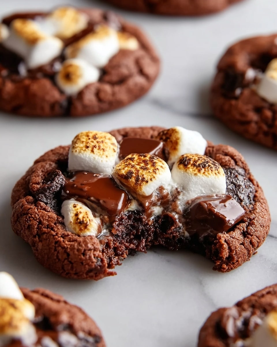 The image shows a group of dark brown chocolate cookies with a rough, cracked texture, spread out on white parchment paper resting on a cooling rack. Each cookie has pieces of melted dark chocolate chunks and soft white marshmallows partly toasted on top, embedded in the dough. The cookies are round, varying slightly in size, with some broken showing their moist interior. The scene sits on a white marbled surface. photo taken with an iphone --ar 4:5 --v 7