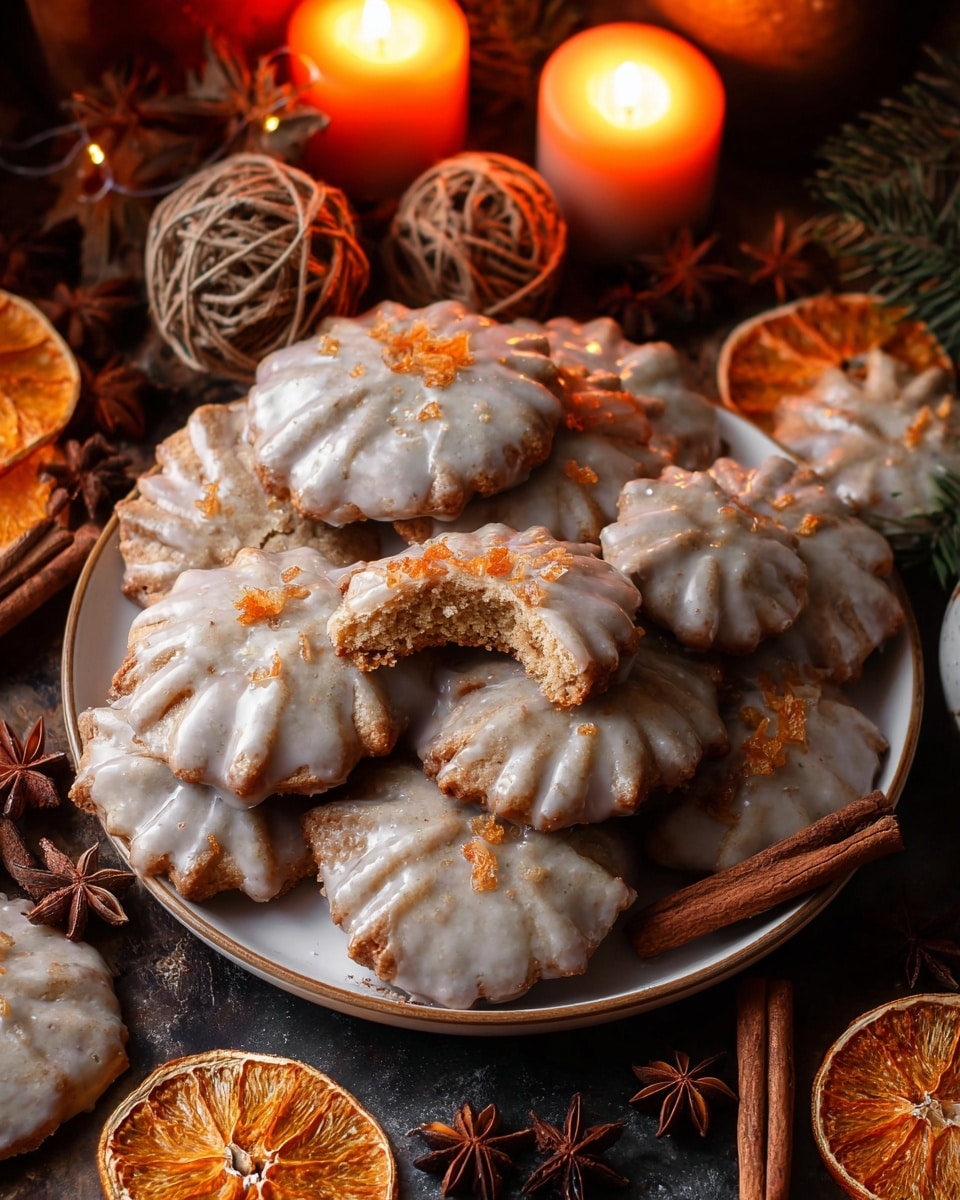 A pile of light brown, round and star-shaped cookies with white icing on top sits on a white plate. The cookies have a rough texture and are decorated with dried orange slices and star anise on some. Two cinnamon sticks rest on the plate, alongside green pine branches. Around the plate, there are more cookies and dried orange slices scattered. The background is a white marbled surface with warm candle lights shining softly, surrounded by rustic decorative balls and pine cones. photo taken with an iphone --ar 4:5 --v 7