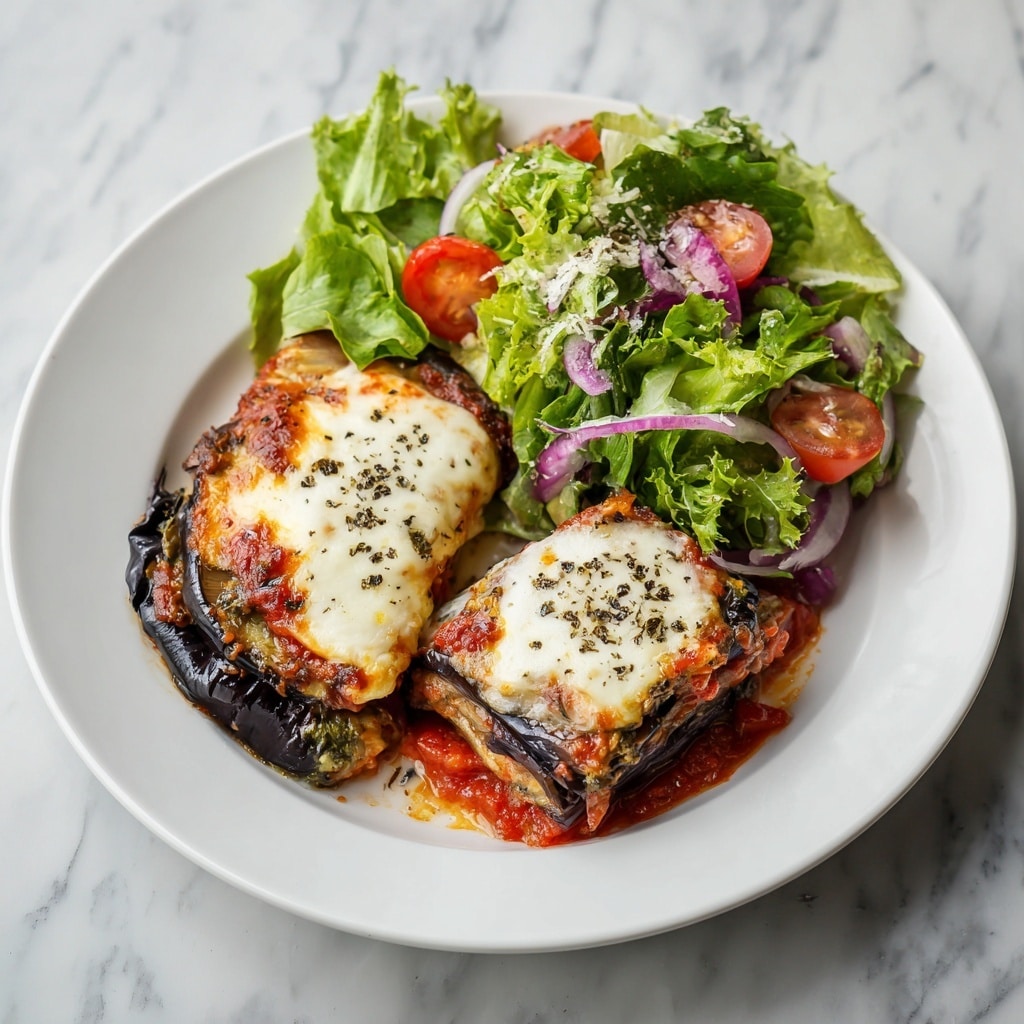 A black slow cooker filled with layers of eggplant slices topped with melted cheese and tomato sauce. The dish shows about two visible layers: a base layer of browned, cheesy sauce peeking through, and a top layer of round dark purple eggplant slices covered with bubbly, golden-brown melted cheese dotted with small brown spots. Around the cooker, a small white bowl with crispy brown breadcrumbs and another white bowl with fresh green parsley are placed on a white marbled surface. Nearby, a white plate holds a black fork and knife, and a corner of a grey textured cloth is visible at the bottom left. A black cooking utensil lies to the right of the cooker. Photo taken with an iphone --ar 4:5 --v 7