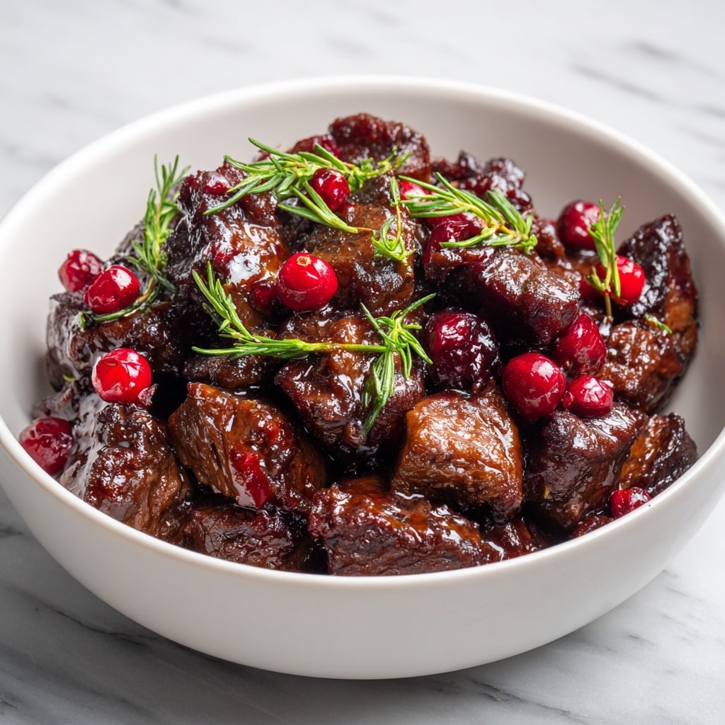 The image shows a bowl of cooked meat pieces that are dark brown and shiny, with a few bright red berries scattered on top. The meat looks tender and slightly glazed, with some texture showing the meat fibers. Fresh green herb sprigs are placed on top, adding a touch of color contrast. The bowl is plain white and sits on a white marbled surface. Photo taken with an iphone --ar 4:5 --v 7