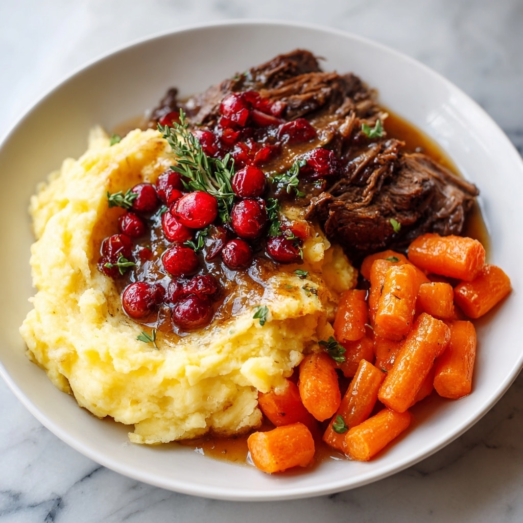 The image shows a plate with three main layers of food on a white plate, set on a white marbled surface. On the left side, there is a creamy layer of mashed potatoes with a smooth texture and light yellow color. In the center, there is a thick, dark brown slice of meat covered with rich sauce, topped with bright red cranberries and green herbs adding a pop of color. On the right, there are several steamed carrots cut into small chunks, with a vibrant orange color and a soft texture. The overall dish looks warm and hearty, with a mix of smooth, soft, and moist textures. Photo taken with an iphone --ar 4:5 --v 7