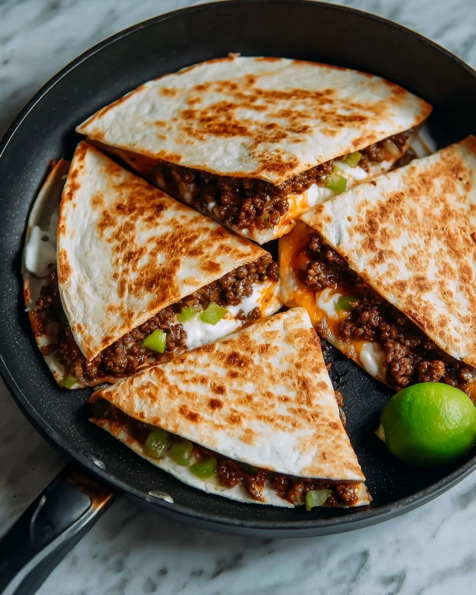 A black pan holds four folded tortillas with a light golden-brown toasted surface, each cut into triangular quarters. Inside the tortillas, there are layers of cooked ground beef that is dark brown and crumbly, diced green bell peppers, melted orange cheese, and white sour cream, visible near the open edges. To the side of the pan, a small green lime adds a fresh color contrast. The whole scene is set on a white marbled texture. Photo taken with an iphone --ar 4:5 --v 7