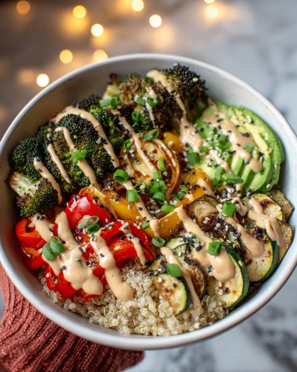 A white bowl filled with three main layers is shown on a white marbled surface. The bottom layer is light-colored quinoa covering the entire bowl. On top of this, there are sections of vegetables: grilled broccoli with charred dark green and black edges on the left, golden-brown grilled zucchini slices with some bright yellow parts in the middle, and bright red bell pepper rings on the right. At the top right, there are slices of fresh light green avocado. All the toppings are drizzled with a smooth, creamy beige sauce, and there are small green garnish pieces sprinkled mostly over the red bell peppers. photo taken with an iphone --ar 4:5 --v 7