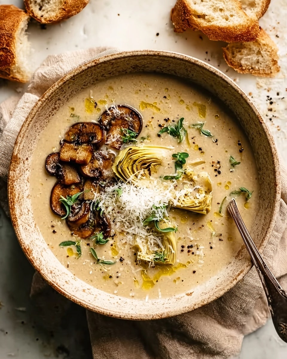 A large, white bowl filled with creamy light brown soup sits on a white marbled surface. In the center of the soup, there is a small swirl of white cream topped with sautéed brown mushroom slices and small green thyme leaves. Next to the mushrooms, chopped green celery pieces add a fresh look. A drizzle of golden olive oil and tiny red chili flakes are spread on the soup's surface. A silver spoon rests inside the bowl on the right side. In the background, pieces of crusty golden bread lie near the bowl, and two jars with spices are slightly blurred. A soft beige cloth is placed under part of the bowl. Photo taken with an iphone --ar 4:5 --v 7