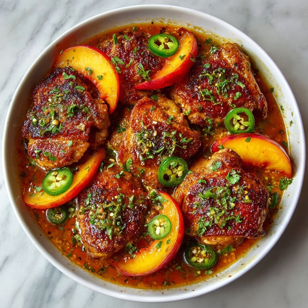 A close-up of a black cast iron pan filled with a glossy, sticky dish featuring several pieces of golden-brown cooked chicken layered with soft, bright orange and red peach slices and green jalapeño rings scattered on top. The chicken pieces have a slight char and are covered in a thick, shiny sauce with visible bits of chopped herbs and nuts, adding texture. A silver spoon rests amongst the food, partly lifting some sauce and chicken. The overall look is rich, colorful, and appetizing, set on a white marbled surface. Photo taken with an iphone --ar 4:5 --v 7