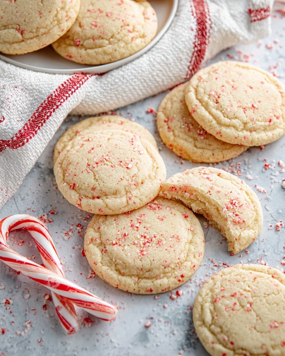 A close-up view of a stack of soft, round cookies sitting on a silver wire cooling rack placed on a cloth with red stripes. Each cookie has a light beige color with tiny red specks scattered throughout, giving a festive, peppermint look. The cookies have slightly cracked, puffy tops and soft edges with a gentle golden tint. Around the rack, several candy canes are blurred but visible in the background over a white marbled surface. photo taken with an iphone --ar 4:5 --v 7