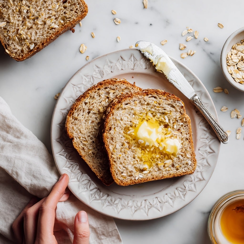 The image shows two slices of multigrain bread on a white, decorated plate placed on a white marbled surface. The top slice has a few small yellowish butter pats spread unevenly, creating a glossy texture. The bread itself has a light brown color with visible seeds and grains throughout the soft inside and a slightly darker, crispy crust on the edges. To the top left of the plate, there is a torn piece of the same bread. A white knife with butter residue rests on the right edge of the plate. Nearby, scattered oats and a small bowl of honey add to the rustic breakfast feel. A woman's hand partially enters the frame from the top left, touching the torn bread piece. The light is soft and natural, emphasizing the bread’s texture and the creamy butter. photo taken with an iphone --ar 4:5 --v 7