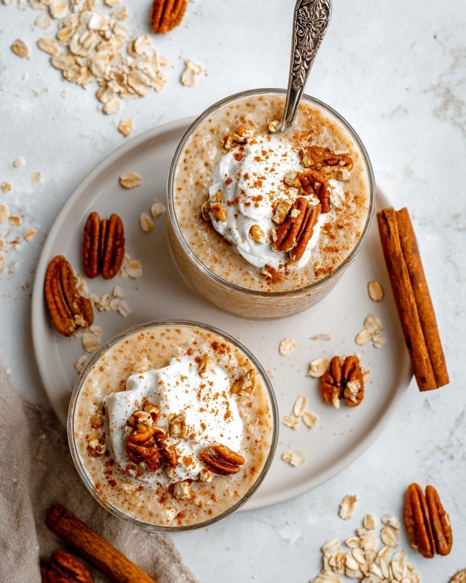 A clear glass cup filled with a creamy orange-beige textured mixture, likely pumpkin-flavored oatmeal or chia pudding, is placed on a round white plate with a white marbled texture. On top, there is a dollop of white whipped cream sprinkled lightly with brown cinnamon powder, and several brown pecan nut pieces scattered both on the cream and the surface of the mixture. A silver spoon with ornate engravings is inserted into the cup. Around the plate, whole pecans and two cinnamon sticks lie casually, adding warm brown tones to the scene. photo taken with an iphone --ar 4:5 --v 7