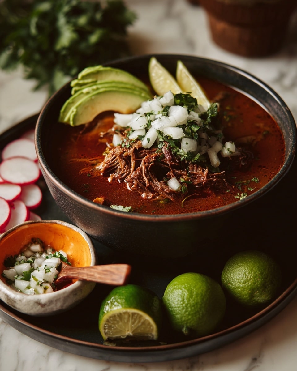A close-up of a dark bowl filled with three layers: at the bottom, a rich red broth, in the middle, a pile of shredded dark brown meat, and on top, a layer of small white onion pieces, thin green herb leaves, and light green avocado slices positioned on the side, along with two thin lemon slices at the back. The bowl sits on a dark plate surrounded by halved bright green limes and thin pale radish slices. In the foreground, there is a small round white bowl with an orange outside edge filled with finely chopped white onions and green herbs, with a small wooden spoon resting inside. The scene is set on a white marbled surface. photo taken with an iphone --ar 4:5 --v 7