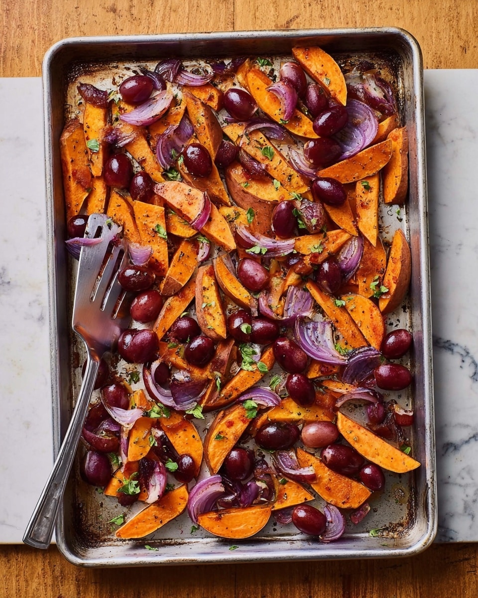 A black grill pan holds four groups of fresh ingredients arranged in sections: thinly sliced purple onion rings with black pepper on the top left, vibrant green leafy herbs on the top right, thin slices of orange sweet potato sprinkled with black pepper on the bottom right, and thinly sliced green peppers on the bottom left. In the foreground, a woman's hand in a white glove holds an orange measuring cup filled with shiny dark red grapes over the sweet potatoes. The background is a white marbled texture. photo taken with an iphone --ar 4:5 --v 7