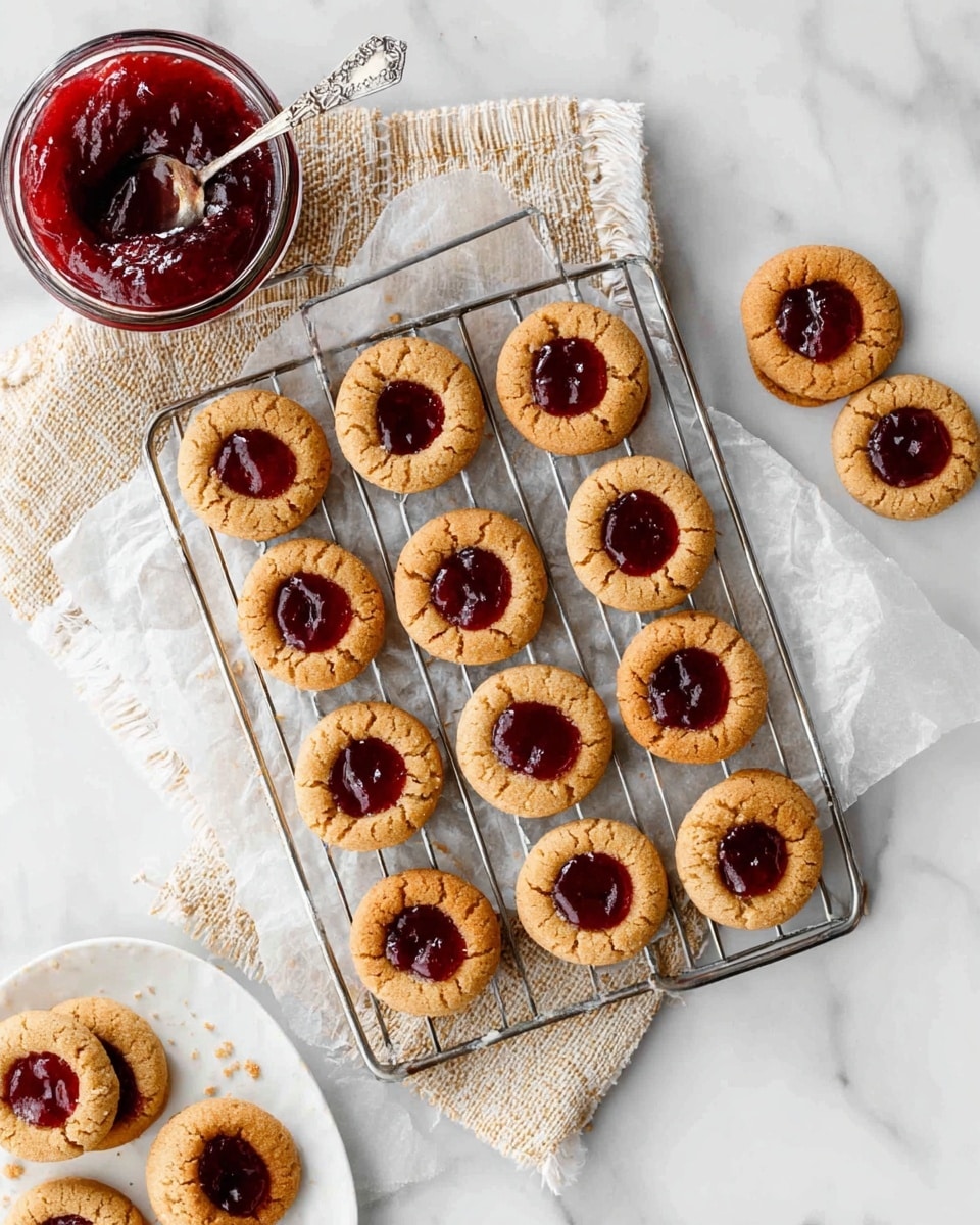 A metal cooling rack holds fourteen round cookies arranged in a grid on top of white parchment paper and a beige woven cloth, all placed on a white marbled surface. Each cookie has a golden-brown outer layer with a slightly cracked texture and a glossy, dark red jelly filling in the center, creating a two-layer look. Next to the rack, there is a clear glass bowl filled with the same dark red jelly and a spoon inside it. Some cookies are also placed on the white marbled surface and a white plate at the edges of the frame. photo taken with an iphone --ar 4:5 --v 7