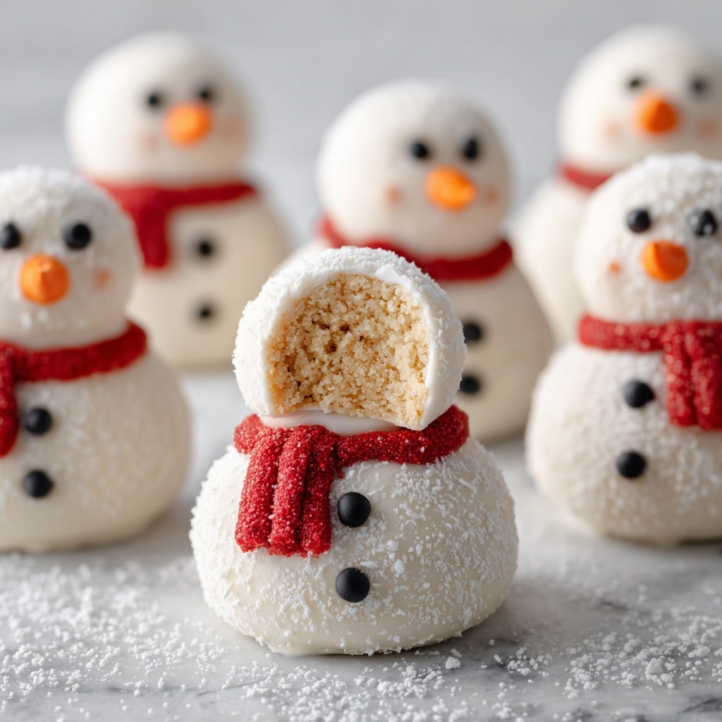 The image shows a group of small snowman-shaped desserts arranged closely together on a white marbled surface. Each snowman has two round layers: a larger bottom layer and a smaller top layer, both smooth and white in color. The snowmen have small black eyes and mouth made from tiny dots, with a small orange nose, and they wear thin red scarves around their necks. The background features white miniature house decorations and frosted pine trees, giving a wintery, festive feeling. Photo taken with an iphone --ar 4:5 --v 7