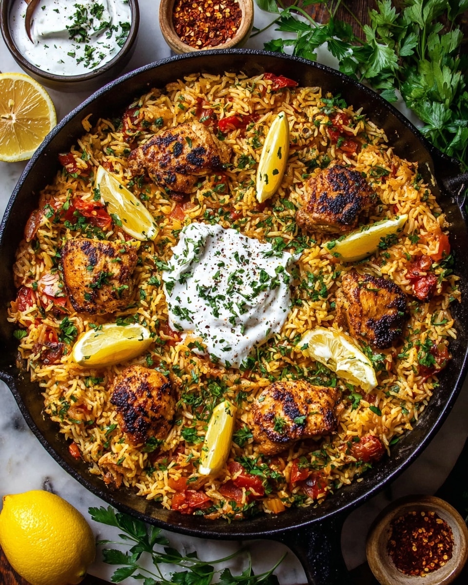 A white plate is filled with a base layer of yellow rice mixed with small green herbs, creating a textured and fluffy look. On top of the rice, there is a thick layer of grilled chicken pieces that are golden brown with some charred spots, showing a juicy and slightly crispy texture. The chicken is topped with a mix of chopped red onions, vibrant red tomatoes, and small green cilantro leaves, adding fresh and colorful contrast. In the back, a stack of white flatbreads with slight brown grill marks is slightly out of focus, resting on a white marbled surface. photo taken with an iphone --ar 4:5 --v 7