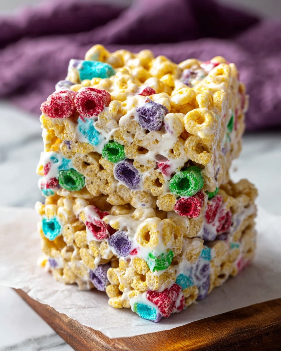 The image shows two stacked cereal marshmallow treats on white parchment paper. The treats are made of a yellow, crunchy cereal with colorful marshmallow pieces scattered throughout in red, purple, green, blue, and teal. The cereal and marshmallows are bound together with a glossy white marshmallow layer that looks soft and sticky, creating a textured and chunky appearance. The background includes a white marbled surface with a blurred purple cloth adding a soft contrast. photo taken with an iphone --ar 4:5 --v 7