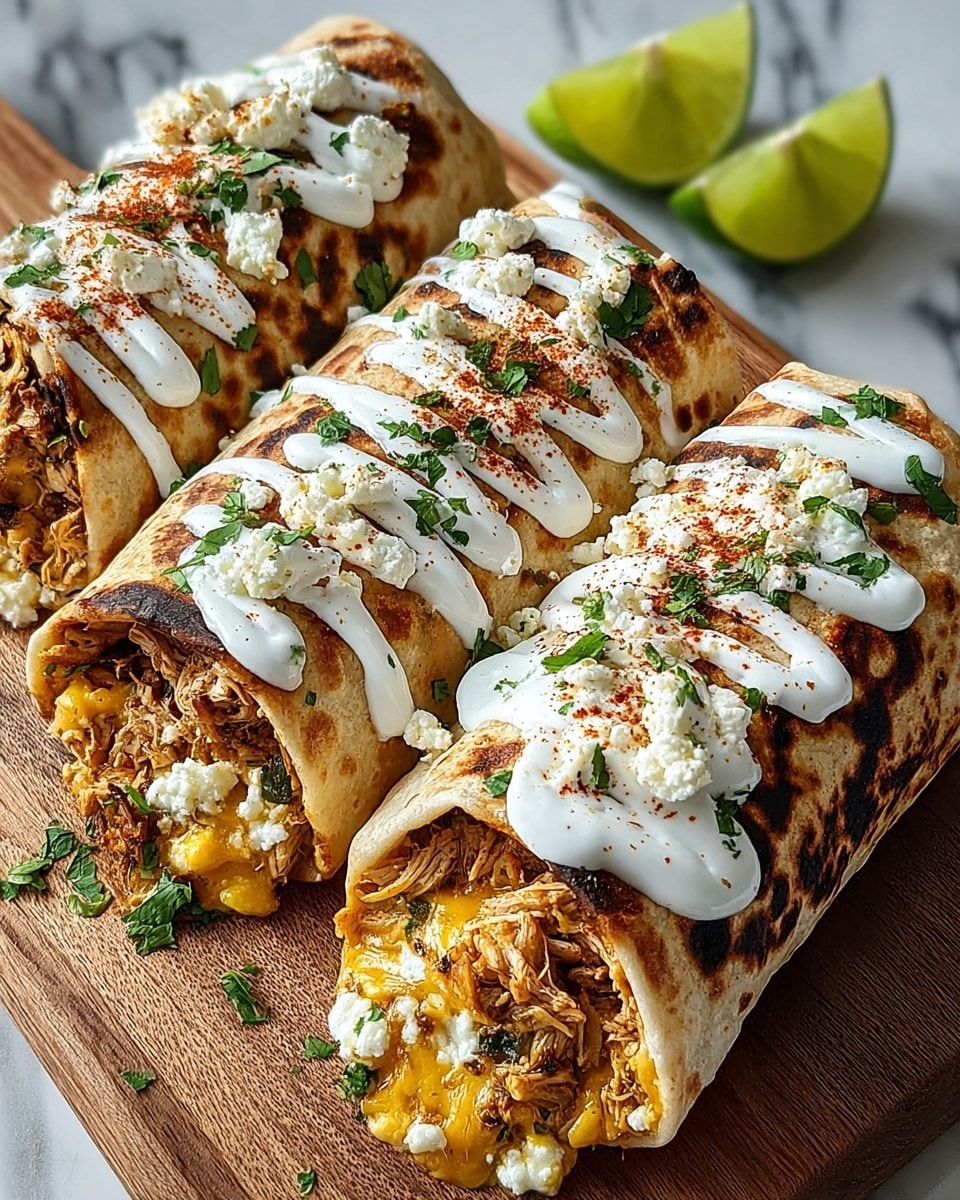 Three grilled burritos lay side by side on a wooden board above a white marbled surface. Each burrito has a light brown, slightly charred tortilla wrapping a filling of shredded chicken, melted yellow cheese, and white cheese crumbles mixed with green herb bits. On top of the burritos is a consistent drizzle of white sour cream, dotted with more white cheese crumbles, sprinkled with reddish seasoning, and small green herb leaves. Two lime wedges sit behind the burritos, adding a fresh, green accent to the scene. photo taken with an iphone --ar 4:5 --v 7