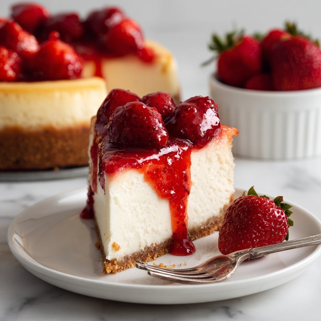 A close-up view of a thick slice of cheesecake being lifted from a whole cheesecake on a dark plate. The cheesecake has two layers: a light golden-brown crust at the bottom with a crumbly texture, and a thick, smooth cream-colored filling on top with a slightly browned surface edge. The slice looks creamy and dense, with steam rising in the dark background, showing its warmth. photo taken with an iphone --ar 4:5 --v 7