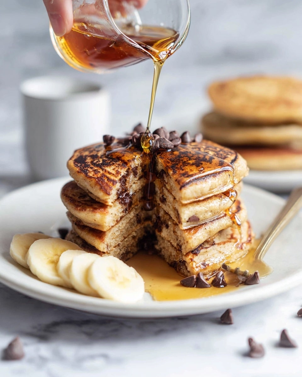 A stack of three thick, golden-brown pancakes sits in the center of a white plate with subtle ridges. The bottom two pancakes are slightly darker with visible chocolate chips melted inside, while the top pancake is lighter and topped with evenly spaced banana slices, small dark chocolate chips, and crushed nuts. Amber syrup is being poured over the top pancake, glistening as it flows down the sides and onto the plate. Additional banana slices and chocolate chips are scattered around the base of the stack. A silver fork rests on the right side of the plate, all set against a white marbled surface. Photo taken with an iphone --ar 4:5 --v 7