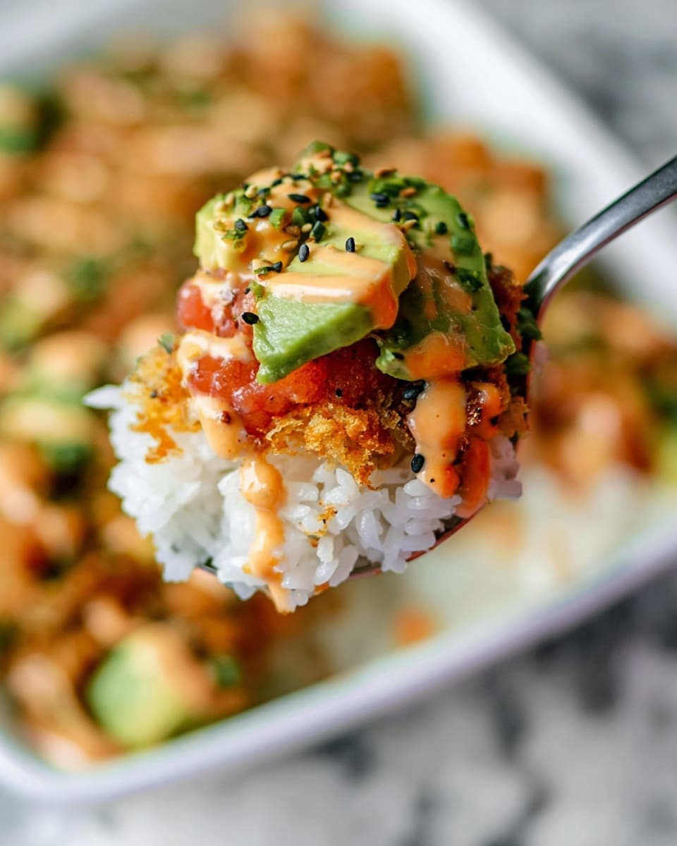 The image shows a white baking dish with a layered dish missing a large slice. The bottom layer is sticky white rice. Above the rice are chunks of bright orange cooked fish mixed with bright green diced avocado pieces. On top, there is a creamy light orange sauce drizzled over everything. The dish is garnished with thin, curled green parts of green onions and tiny crunchy golden-brown fried bits sprinkled all over. The dish sits on a green and white cloth with a white marbled surface in the background. photo taken with an iphone --ar 4:5 --v 7