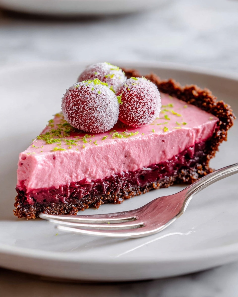 A round tart with a crumbly brown crust forming the base, filled with a smooth, bright pink layer that looks creamy and glossy. On top, there are many small round berries covered partly in frosty white sugar, arranged loosely across the surface. The tart is placed on a white cloth on a dark wooden table, with a few berries scattered around, and there are soft pink flowers in the background. photo taken with an iphone --ar 4:5 --v 7