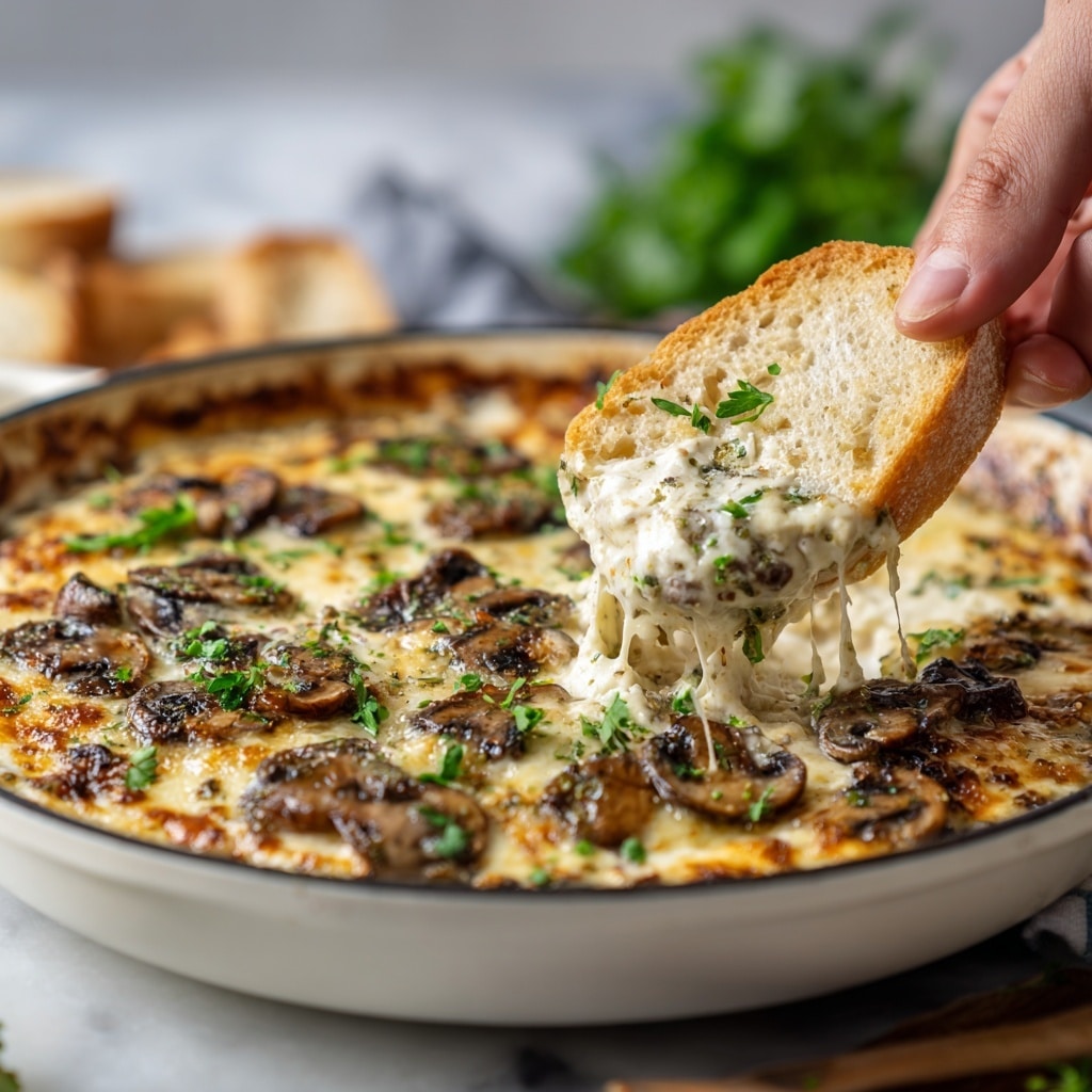 A close-up view of a white skillet filled with creamy baked mushroom and cheese dish. The top layer is golden-brown melted cheese with some browned spots, sprinkled with small pieces of fresh green parsley. Sliced cooked mushrooms are spread evenly on top, showing a mix of light and dark brown colors with a slightly glossy texture. A woman's hand is holding a white slice of crusty bread dipped into the creamy mixture underneath the cheese. The skillet rests on a white marbled surface, with some blurred green elements in the background. Photo taken with an iphone --ar 4:5 --v 7