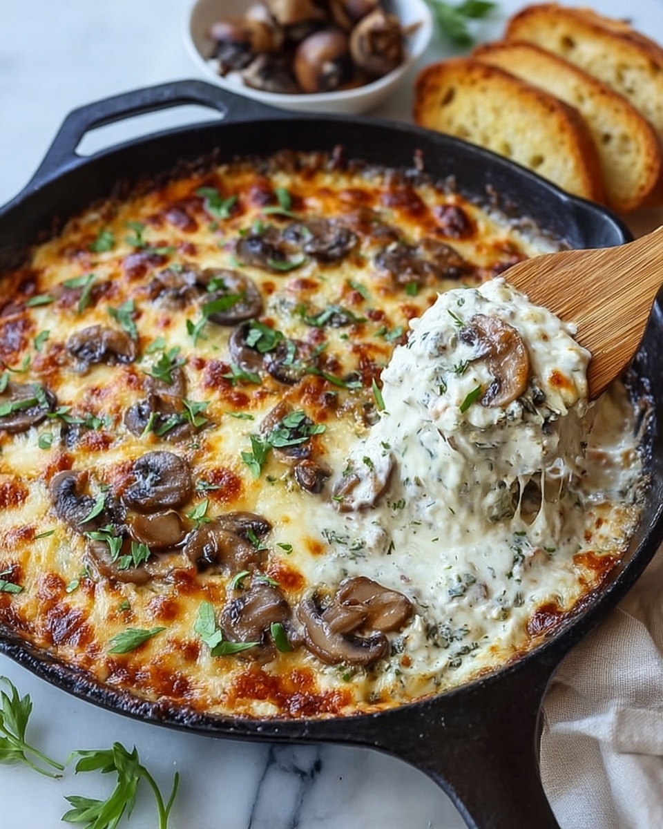 The image shows a black cast iron skillet filled with a creamy baked mushroom dip. The dip has a golden brown, bubbly top layer of melted cheese with browned spots, scattered with fresh green herb leaves. Below the cheese, the creamy white base with sliced brown mushrooms is visible where a wooden spatula scoops out a portion. The skillet rests on a white marbled surface, with two slices of toasted bread in the background and a small bowl holding extra mushrooms nearby. photo taken with an iphone --ar 4:5 --v 7