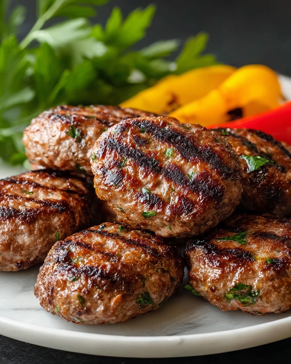 The image shows a close-up of six grilled meat patties placed side by side on a white plate. Each patty has a golden-brown crust with small green herb pieces embedded in the meat, giving it a textured and juicy look. Behind the patties, there are layers of colorful fresh vegetables including slices of red onion with purple and white rings, green leafy herbs, and orange and yellow bell pepper strips. The background is a white marbled texture, adding a clean and bright contrast to the warm tones of the food. Photo taken with an iphone --ar 4:5 --v 7