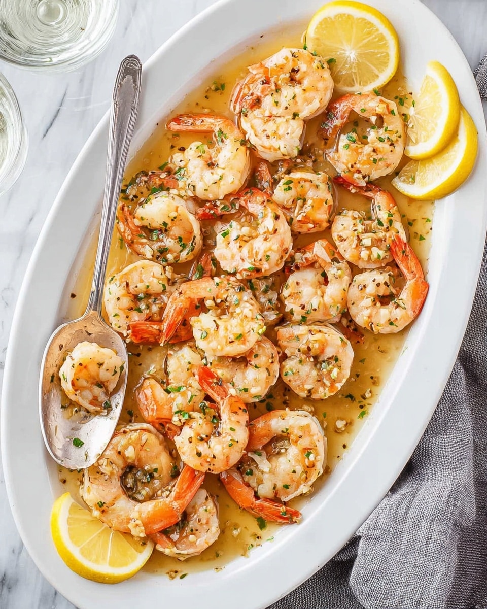 A white oval plate filled with spaghetti pasta mixed with many cooked shrimp scattered evenly on top. The shrimp are pink with light seasoning, and there are small green herb pieces sprinkled throughout the pasta. The spaghetti is glossy and light yellow, with some strands loose and others piled together. The dish sits on a white marbled surface, next to a lemon slice and green parsley bunch, with vintage silver spoons nearby. photo taken with an iphone --ar 4:5 --v 7