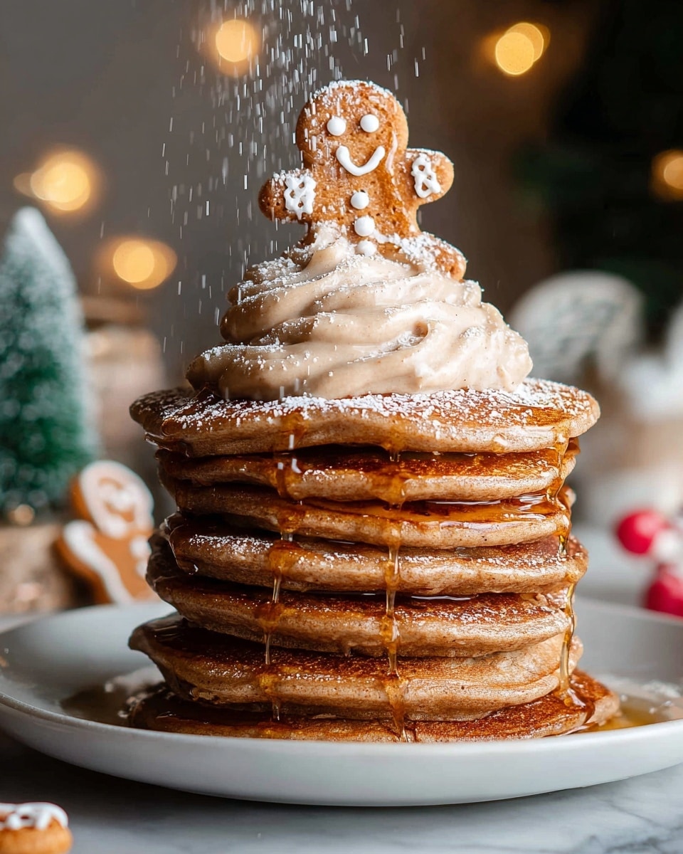 A stack of five thick, golden-brown pancakes sits on a white plate with a light brown rim on a white marbled surface. The top pancake is slightly glossy with syrup and has a square of melting butter on it, along with a light dusting of powdered sugar around the edges. A cut section of the stack reveals the soft and porous texture inside, showing four visible layers. A silver fork lifts a few slices of the cut pancakes, with a small bit of butter on the fork's edge. Around the plate, there are a few fresh, bright red cranberries scattered, and a soft focus background with pine cones and some more cranberries scattered on the white marbled surface. photo taken with an iphone --ar 4:5 --v 7